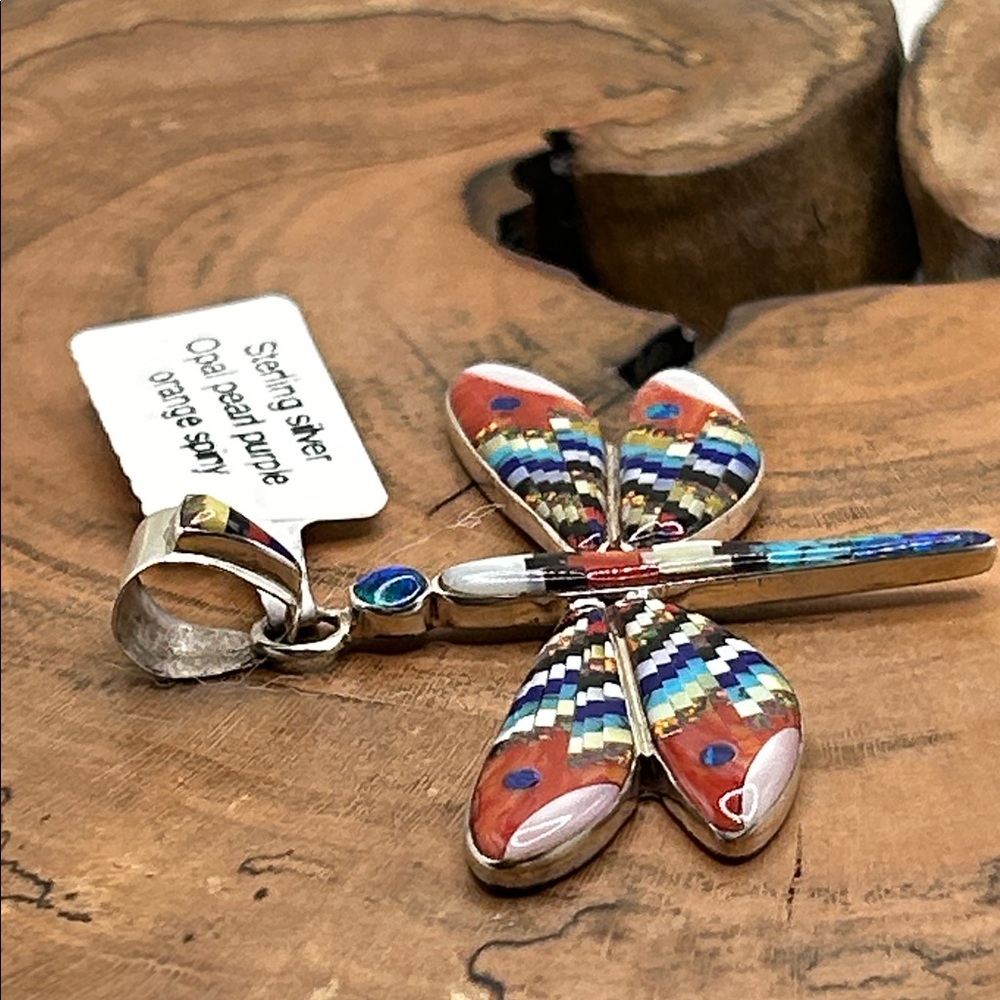 Sterling Native Dragonfly Pendant Opal Pearl Purple Orange Spiny Oyster NWT